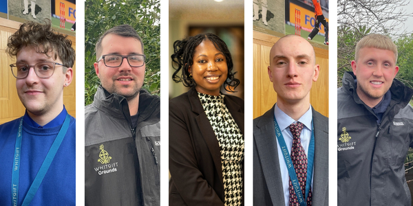 Photos of four young men and one young woman, all dressed in workwear
