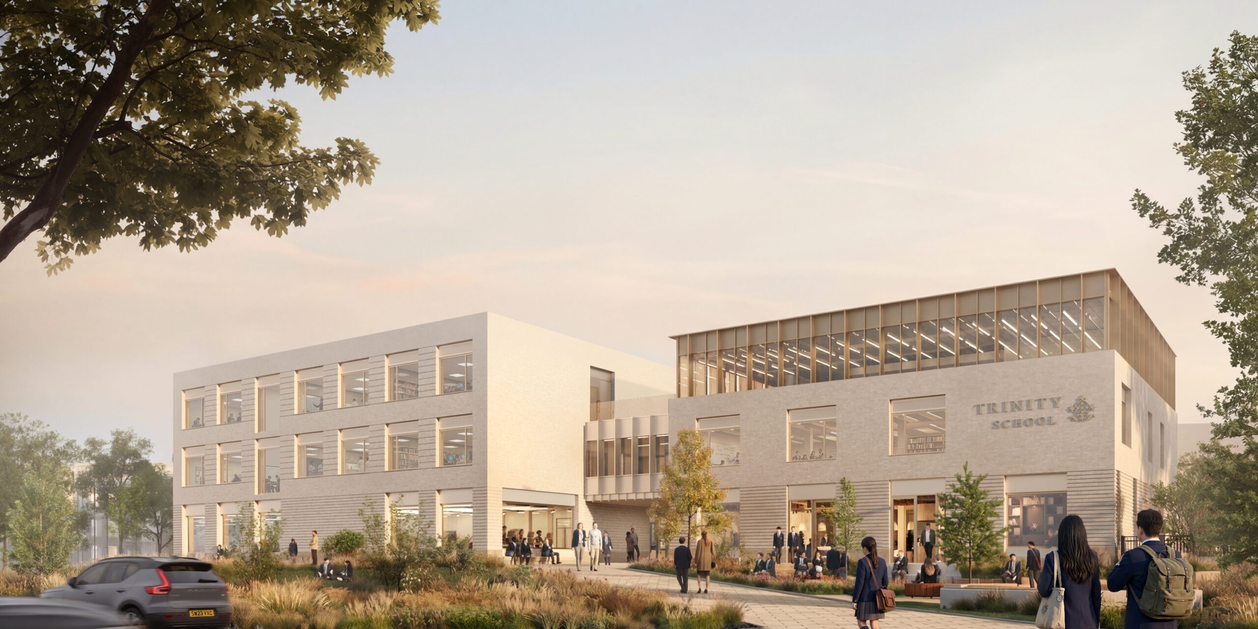 A computer-generated image of the proposed new arrival view at Trinity School