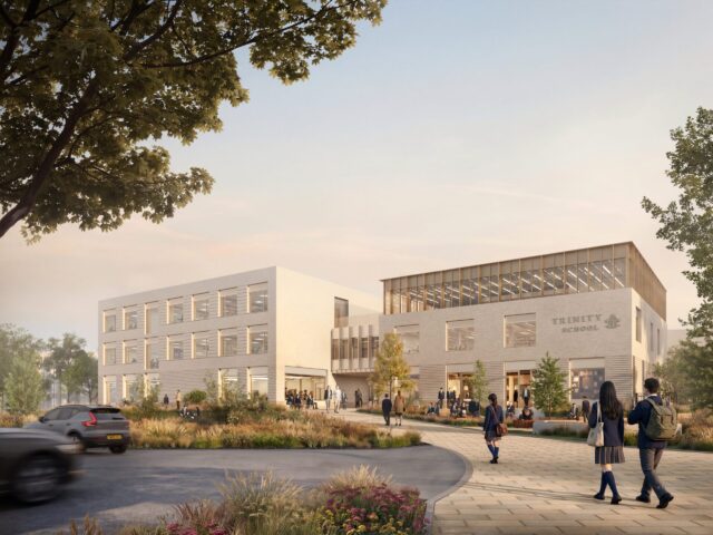 A computer-generated image of the proposed new arrival view at Trinity School