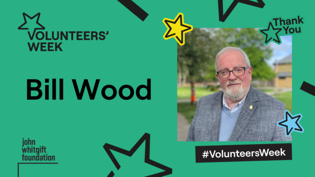 Volunteers’ Week – Bill Wood An image of Bill Wood within a Volunteers' Week graphic that has a green background and the words 'thank you' in the top right corner