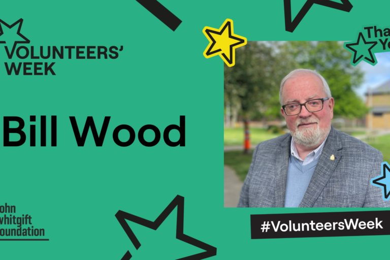 An image of Bill Wood within a Volunteers' Week graphic that has a green background and the words 'thank you' in the top right corner