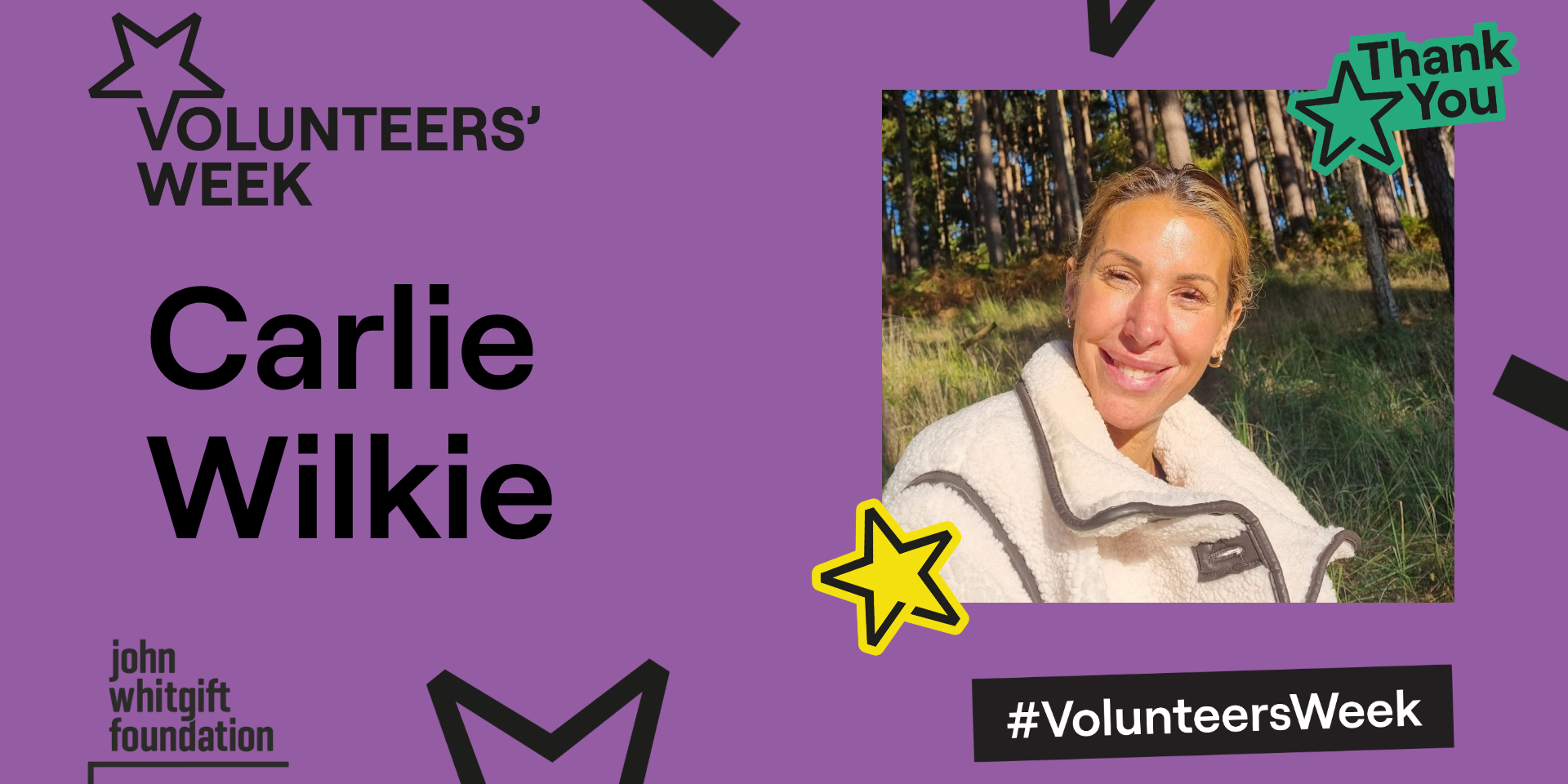 Carlie's photo appears on a purple backdrop, which also features the Volunteers' Week logo, several stars and a thank you message