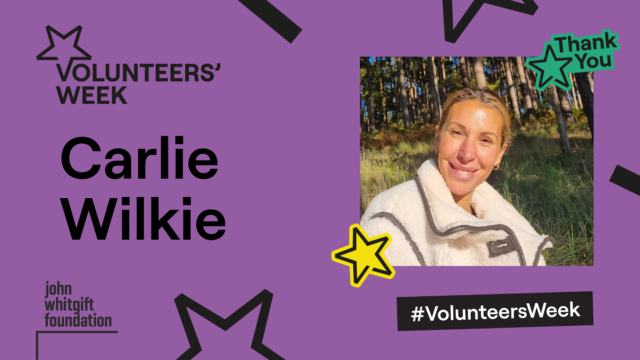 Carlie's photo appears on a purple backdrop, which also features the Volunteers' Week logo, several stars and a thank you message